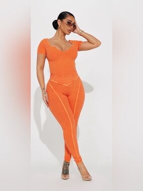 Fashion Nova Women's Bright Orange Ribbed High-Waist Leggings